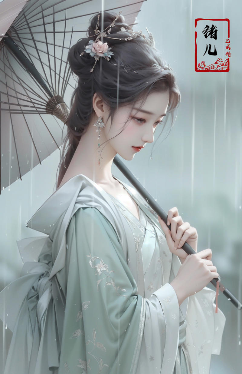 606247209521968616-1581632284-A woman holds a oil-paper umbrella on her shoulder to shelter from the rain as part of a fashion event in the style of Yue Xiaof.jpg